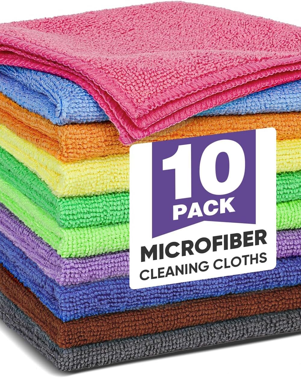 TEAWOO 10 Colors Microfiber Cleaning Cloths, 10 Pack Assorted Cleaning Rags | Microfiber Towels, Car Towels, Kitchen Towels, Bathroom Towels, Household Cleaning, 11.8"X11.8"