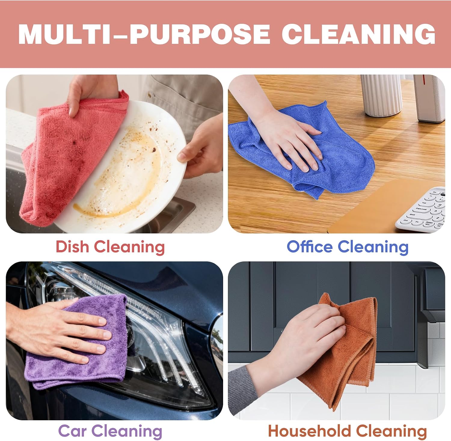 TEAWOO 10 Colors Microfiber Cleaning Cloths, 10 Pack Assorted Cleaning Rags | Microfiber Towels, Car Towels, Kitchen Towels, Bathroom Towels, Household Cleaning, 11.8"X11.8" - Image 5