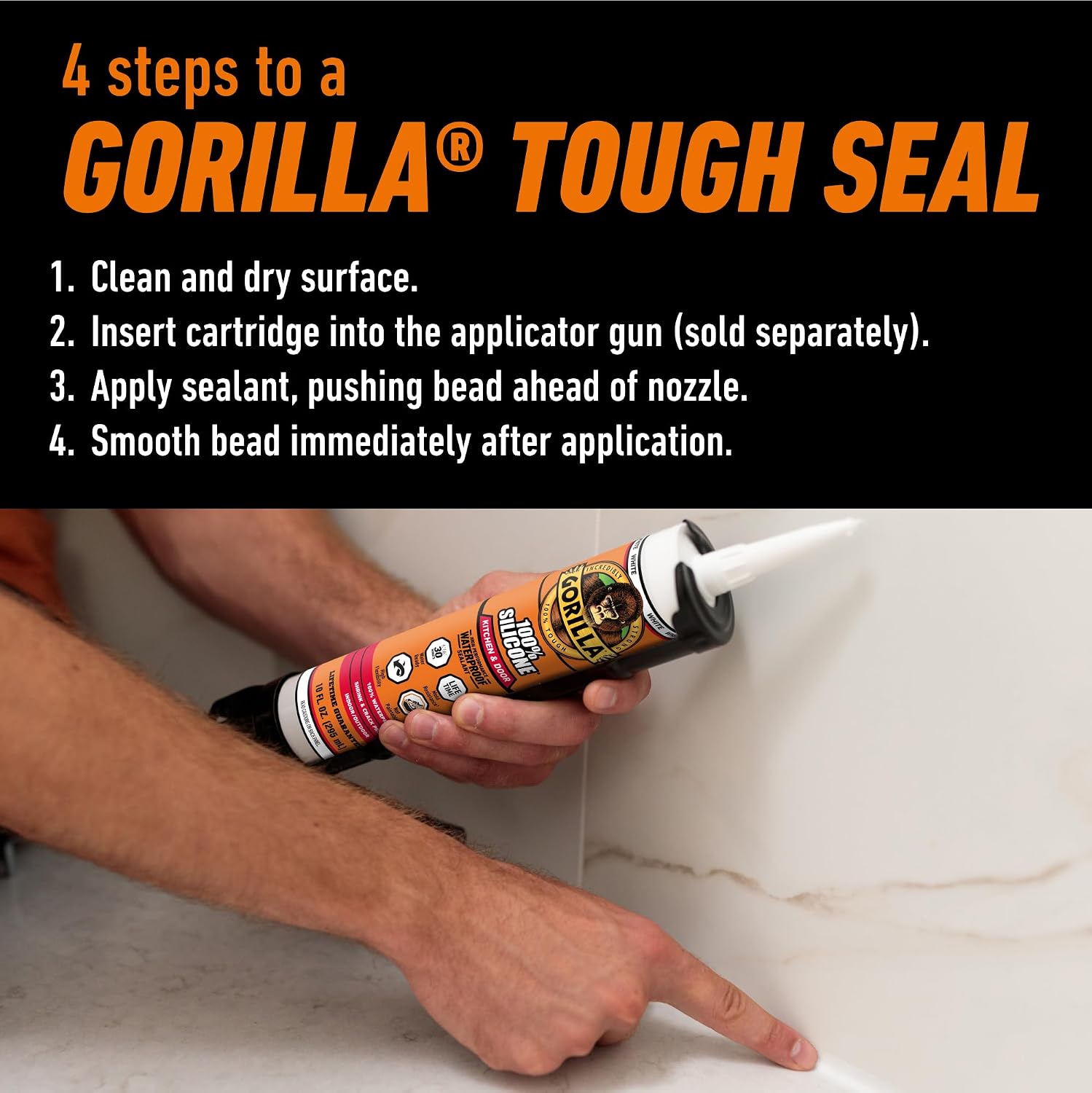 Gorilla 100% Silicone Caulk, Kitchen & Bath Sealant, White, 10 oz Cartridge | Mold & Mildew Resistant, 100% Waterproof Seal, 30-Minute Water-Ready, Flexible and Durable - Image 4
