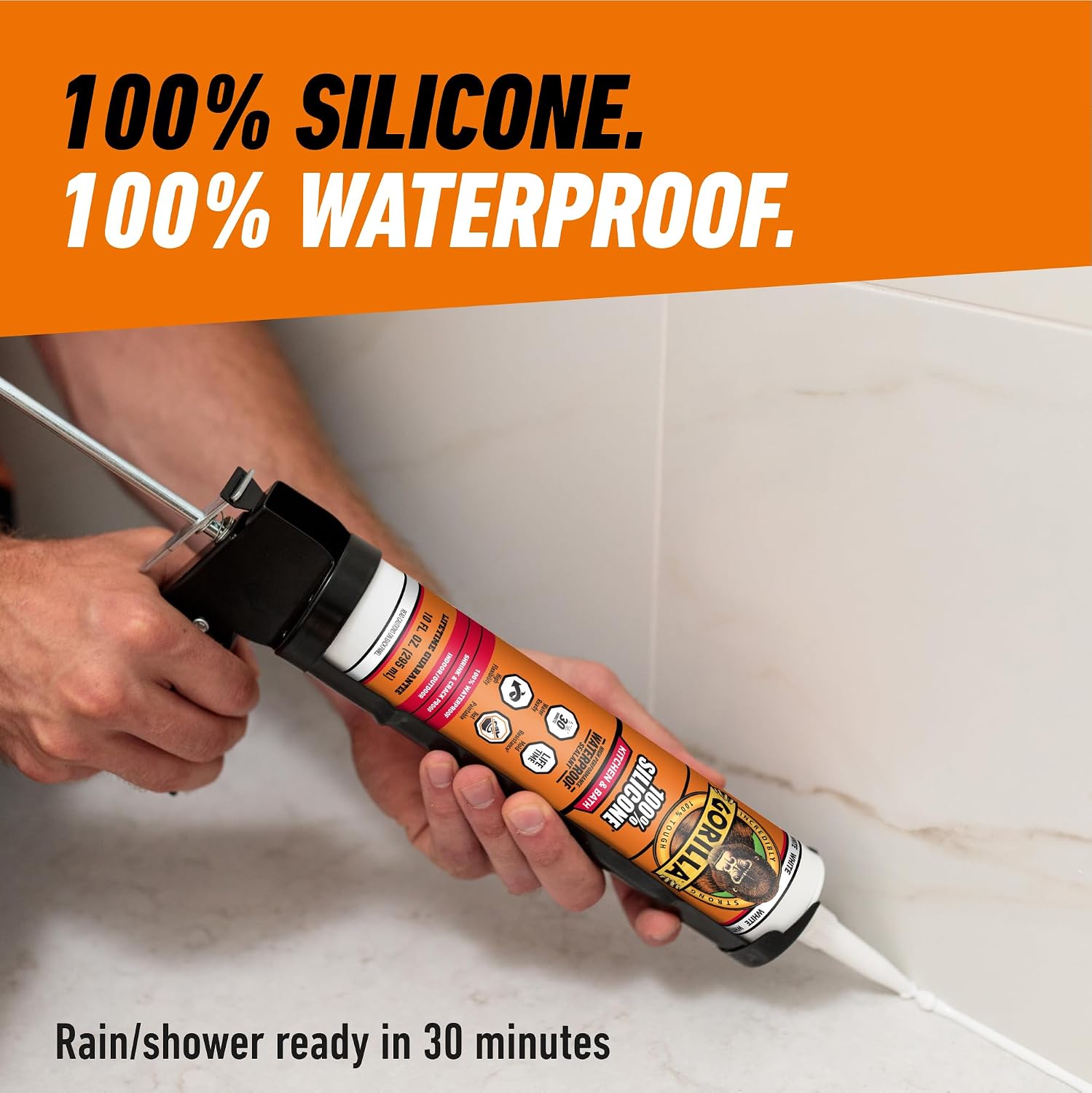 Gorilla 100% Silicone Caulk, Kitchen & Bath Sealant, White, 10 oz Cartridge | Mold & Mildew Resistant, 100% Waterproof Seal, 30-Minute Water-Ready, Flexible and Durable - Image 5