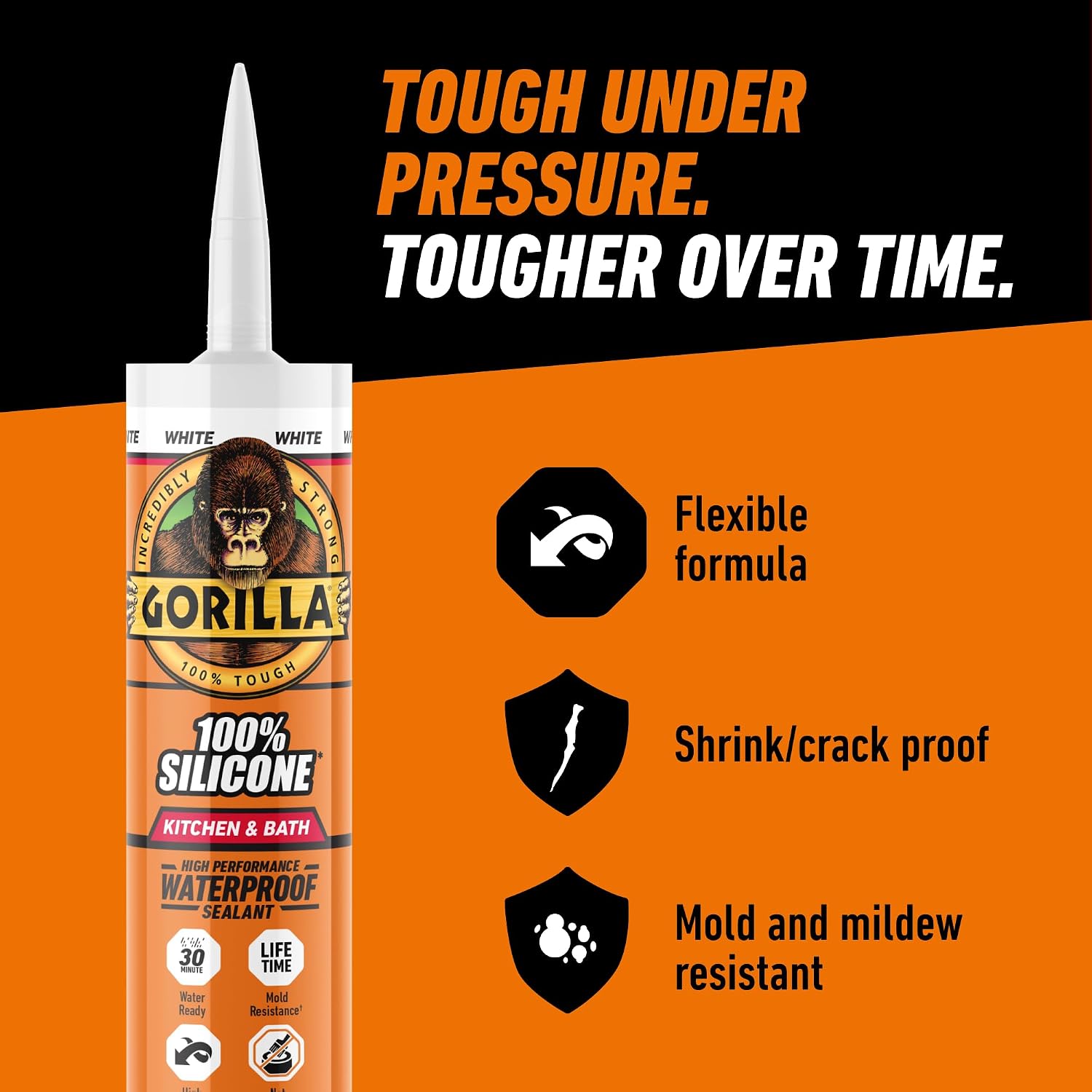 Gorilla 100% Silicone Caulk, Kitchen & Bath Sealant, White, 10 oz Cartridge | Mold & Mildew Resistant, 100% Waterproof Seal, 30-Minute Water-Ready, Flexible and Durable - Image 7