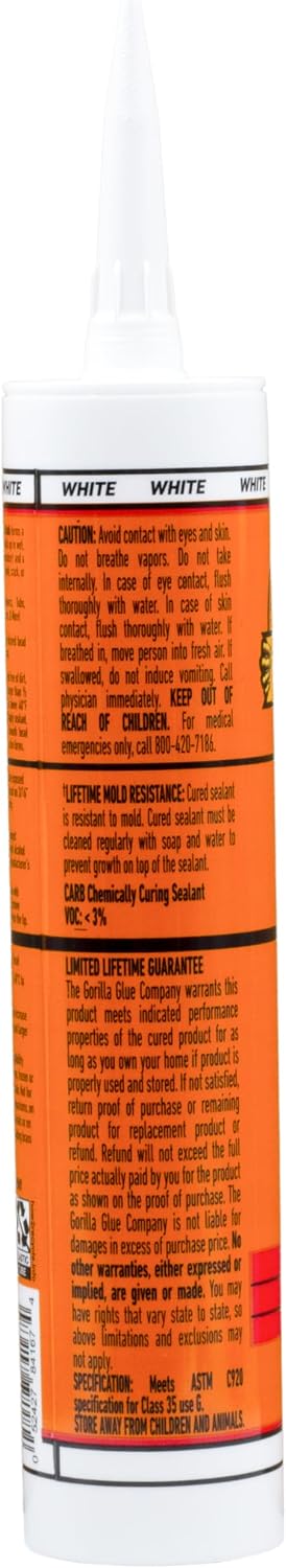 Gorilla 100% Silicone Caulk, Kitchen & Bath Sealant, White, 10 oz Cartridge | Mold & Mildew Resistant, 100% Waterproof Seal, 30-Minute Water-Ready, Flexible and Durable - Image 9