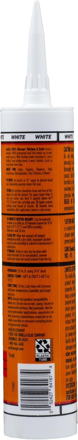 Gorilla 100% Silicone Caulk, Kitchen & Bath Sealant, White, 10 oz Cartridge | Mold & Mildew Resistant, 100% Waterproof Seal, 30-Minute Water-Ready, Flexible and Durable - Image 10